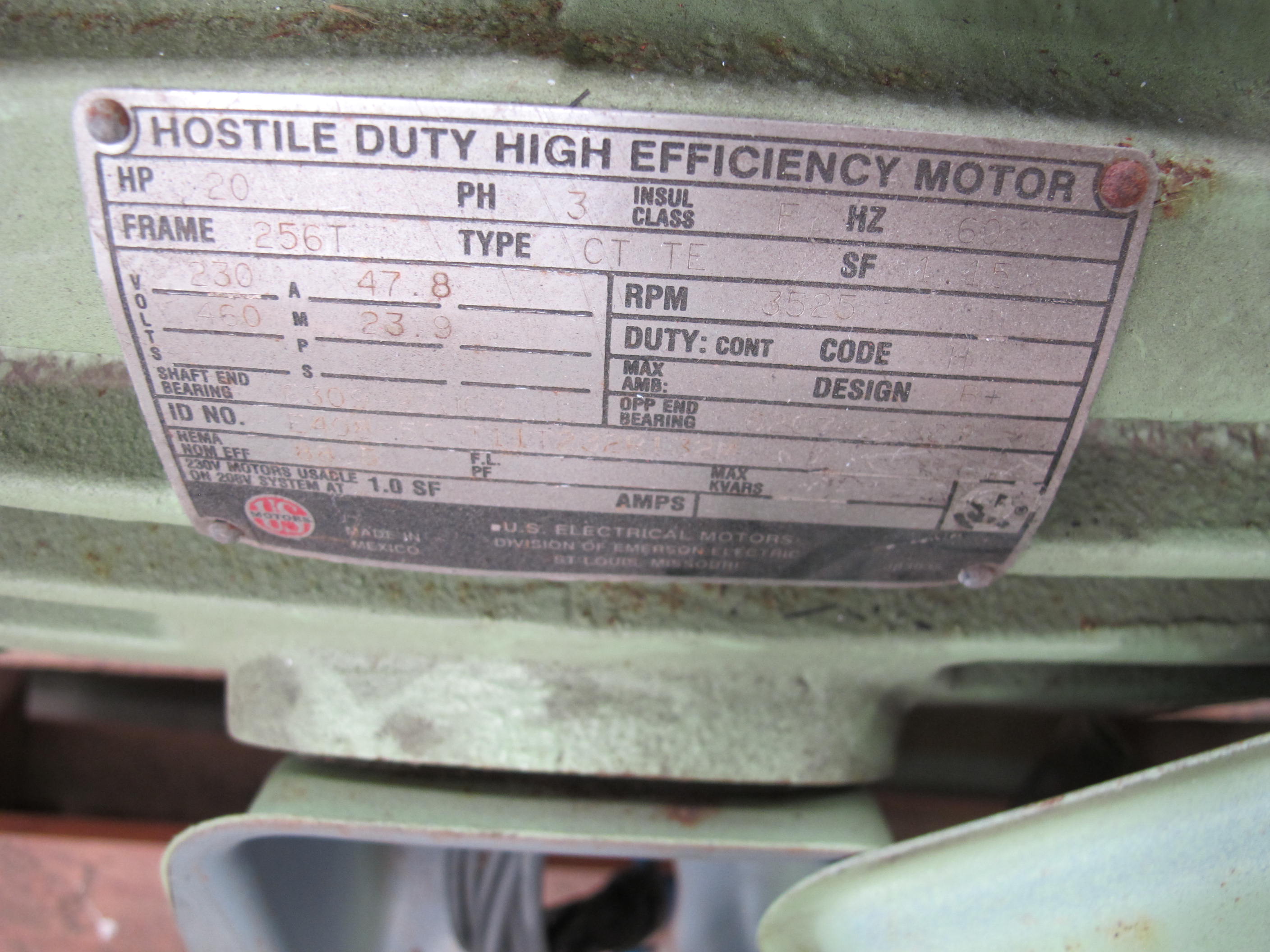 MOTOR, ELECTRIC TYPE, 20 HORSEPOWER, 460 VAC ELEC RATING, 3600 RPM, 256T FRAME, 24.9 AMPS, TEFC ENCLOSURE, 1.0 SERVICE FACTOR. HORIZONTAL, NEMA DESIGN TYPE B, INSULATION CLASS B, 80 DEGREE C MAX TEMP RISE OVER 40 DEGREE C AMBIENT (W-44) LOADING & HANDLING FEE $15-